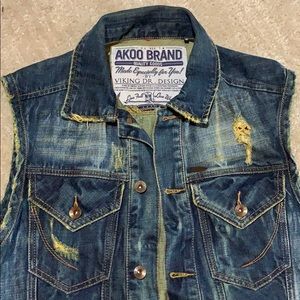 Akoo Denim Distressed Vest Mens Large 